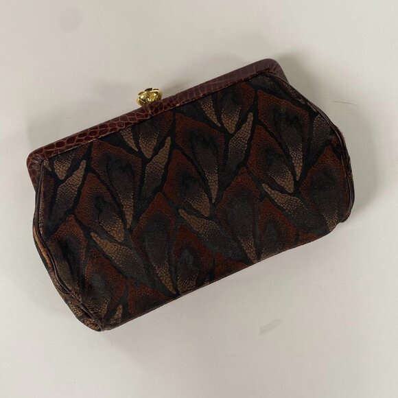 Vintage Fabric Clutch Purse Brown Rust Tan Gold Floral Clasp - Picture 1 of 9
